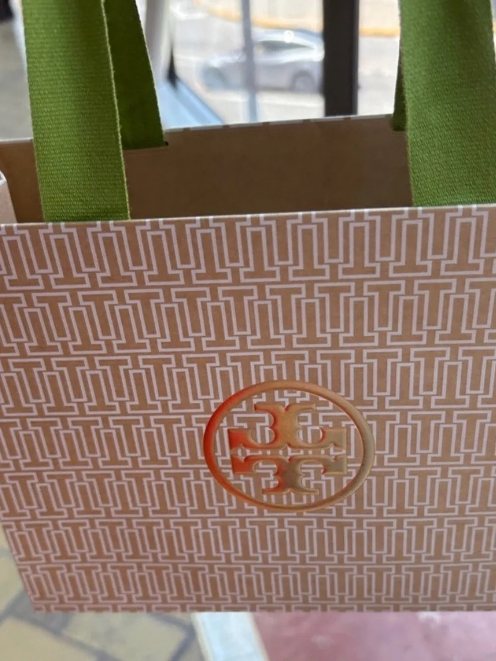Tory Burch Beige Geometric Logo Tote with Olive Green Handles
